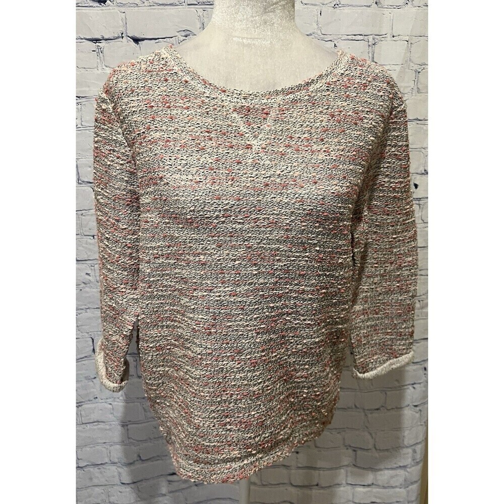 H&M Knit Sweater Henley Medium Pink Cream Textured 3/4 Sleeve Crew Neck NWT